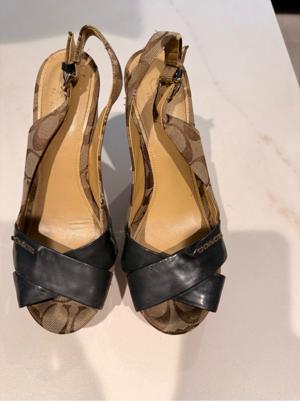 Coach Tan Signature Canvas Slingback Heels with Black Leather Straps